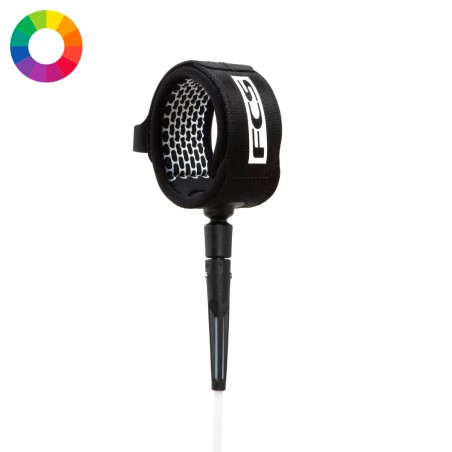 Leash de surf noir FCS 9 pieds All Round Essential avec émerillons en acier inoxydable.