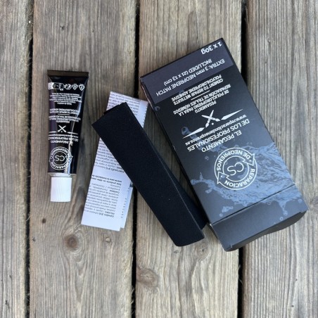 Kit de réparation CS pour combinaison de surf comprenant un tube de colle néoprène noire, une bande de renfort